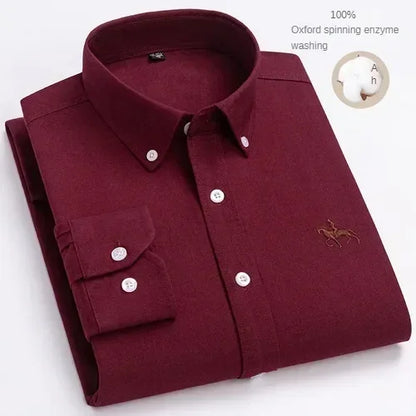 100% Pure Cotton Men's Long Sleeve Shirt Business Casual Solid Color Embroidered Oxford Spun Shirt 13