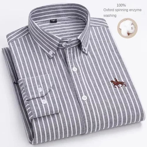100% Pure Cotton Men's Long Sleeve Shirt Business Casual Solid Color Embroidered Oxford Spun Shirt 14