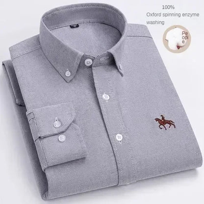 100% Pure Cotton Men's Long Sleeve Shirt Business Casual Solid Color Embroidered Oxford Spun Shirt 15