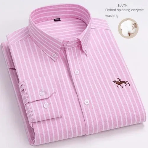 100% Pure Cotton Men's Long Sleeve Shirt Business Casual Solid Color Embroidered Oxford Spun Shirt 16