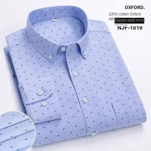100% Pure Cotton Men's Long Sleeve Shirt Business Casual Solid Color Embroidered Oxford Spun Shirt 18