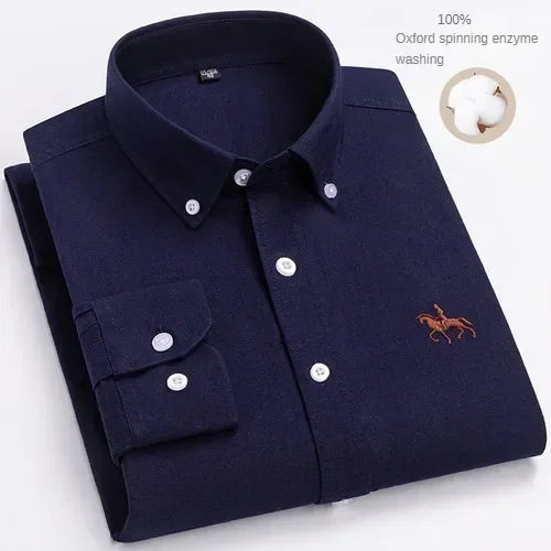 100% Pure Cotton Men's Long Sleeve Shirt Business Casual Solid Color Embroidered Oxford Spun Shirt 23