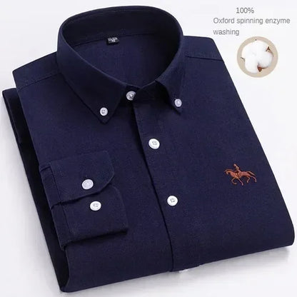 100% Pure Cotton Men's Long Sleeve Shirt Business Casual Solid Color Embroidered Oxford Spun Shirt 23