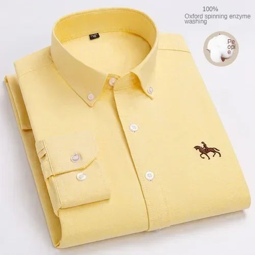 100% Pure Cotton Men's Long Sleeve Shirt Business Casual Solid Color Embroidered Oxford Spun Shirt 24