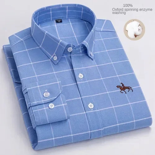100% Pure Cotton Men's Long Sleeve Shirt Business Casual Solid Color Embroidered Oxford Spun Shirt 25