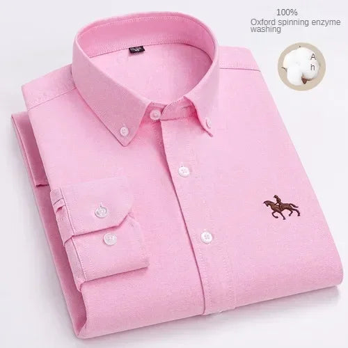 100% Pure Cotton Men's Long Sleeve Shirt Business Casual Solid Color Embroidered Oxford Spun Shirt 26