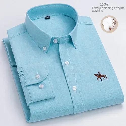 100% Pure Cotton Men's Long Sleeve Shirt Business Casual Solid Color Embroidered Oxford Spun Shirt 27
