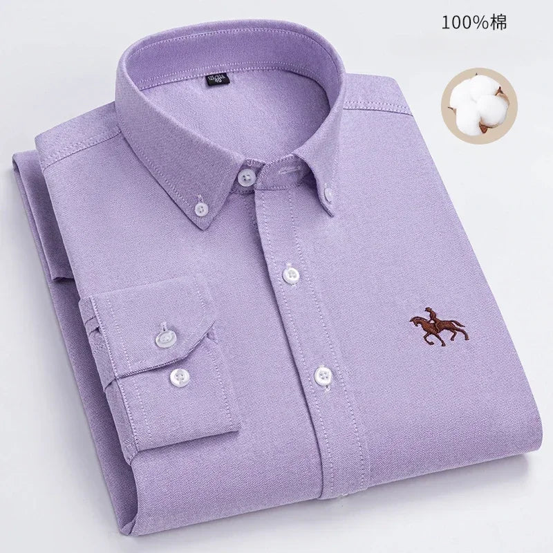 100% Pure Cotton Men's Long Sleeve Shirt Business Casual Solid Color Embroidered Oxford Spun Shirt 3