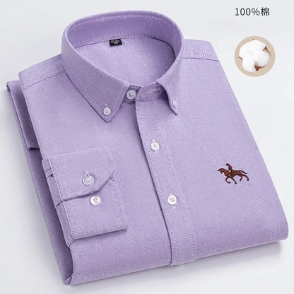 100% Pure Cotton Men's Long Sleeve Shirt Business Casual Solid Color Embroidered Oxford Spun Shirt 3