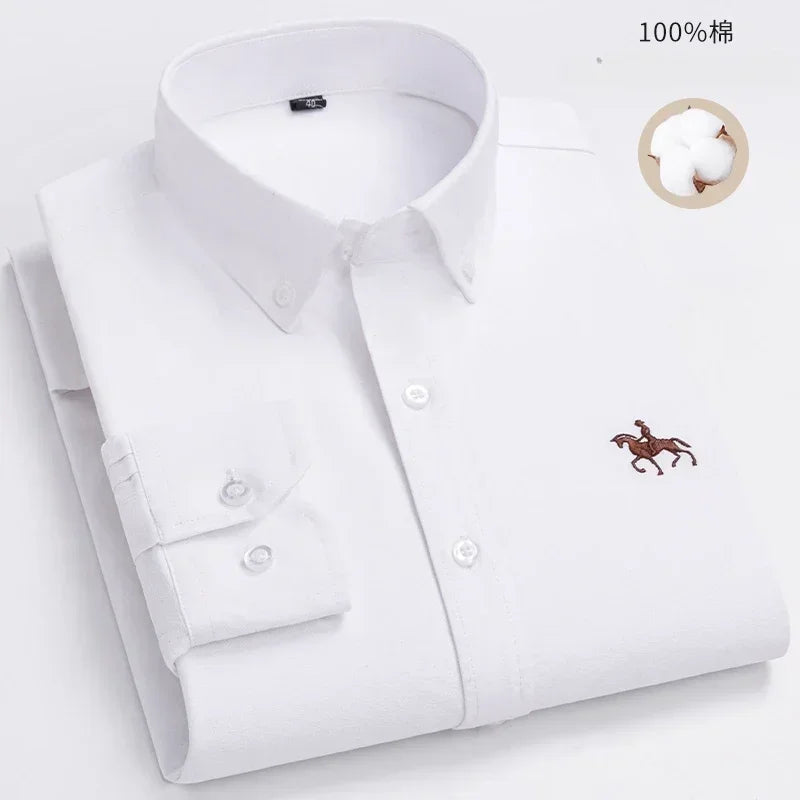 100% Pure Cotton Men's Long Sleeve Shirt Business Casual Solid Color Embroidered Oxford Spun Shirt 4
