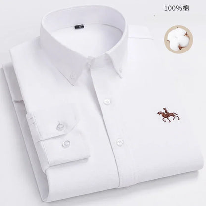 100% Pure Cotton Men's Long Sleeve Shirt Business Casual Solid Color Embroidered Oxford Spun Shirt 4