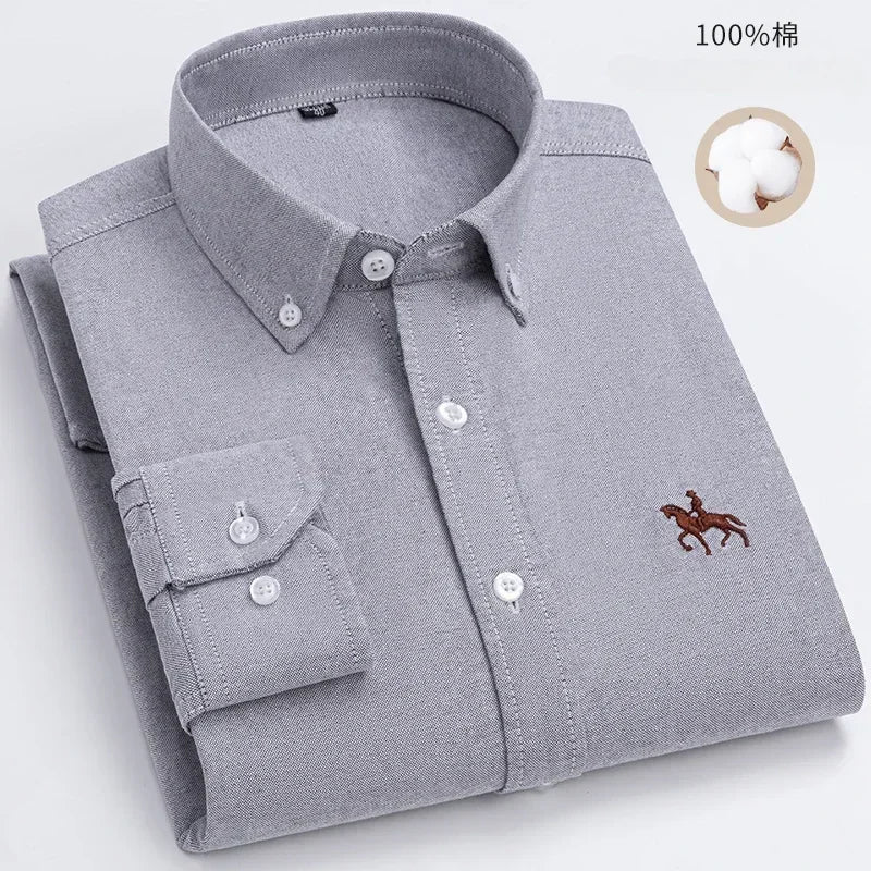 100% Pure Cotton Men's Long Sleeve Shirt Business Casual Solid Color Embroidered Oxford Spun Shirt 5