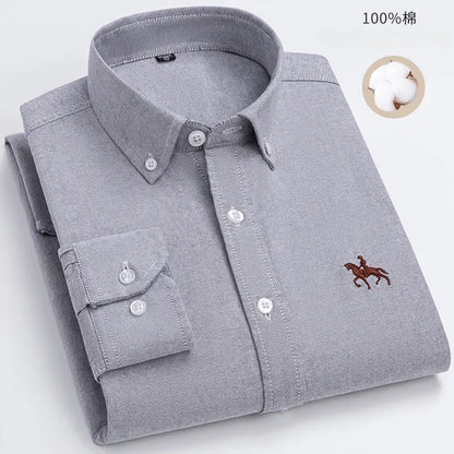 100% Pure Cotton Men's Long Sleeve Shirt Business Casual Solid Color Embroidered Oxford Spun Shirt 5