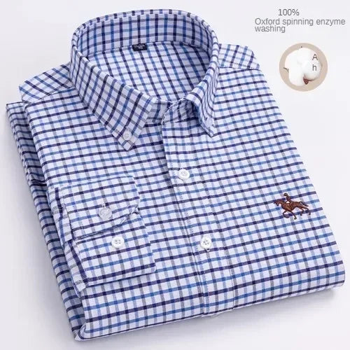 100% Pure Cotton Men's Long Sleeve Shirt Business Casual Solid Color Embroidered Oxford Spun Shirt 6