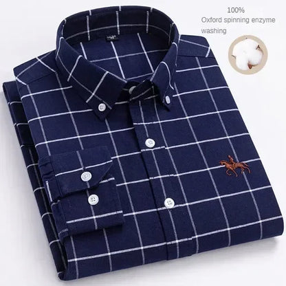 100% Pure Cotton Men's Long Sleeve Shirt Business Casual Solid Color Embroidered Oxford Spun Shirt 9