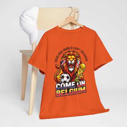 Belgium Soccer Fan Tee — “Come On Belgium” World Cup Lion Design