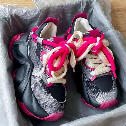 2024 New High Quality Women Thick Sole Lace Up Casual Sports Shoes Woman Design Sense Colored Breathable Running Shoes Sneaker 3