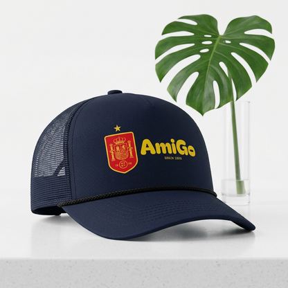 Amigo Spain Crest Trucker Cap — Yellow Logo Mesh Baseball Hat
