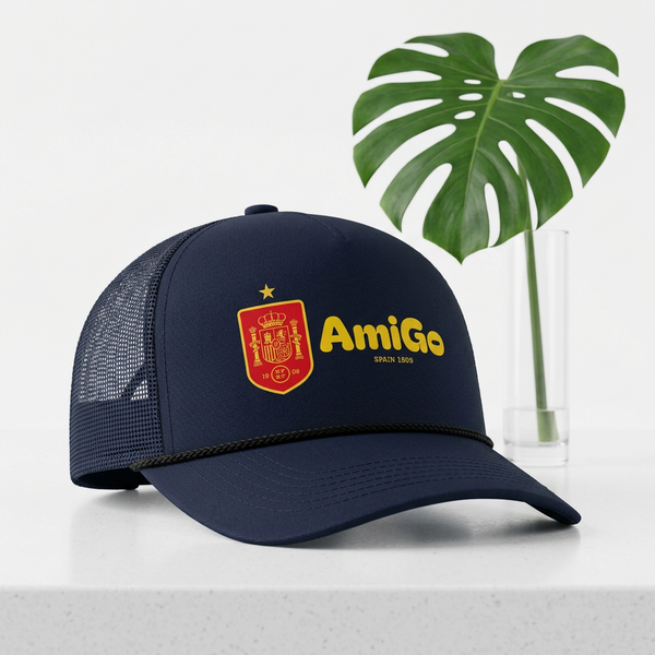 Amigo Spain Crest Trucker Cap — Yellow Logo Mesh Baseball Hat