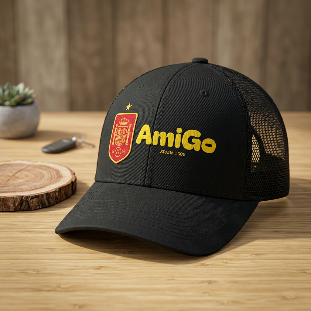 Amigo Spain Crest Trucker Cap — Yellow Logo Mesh Baseball Hat