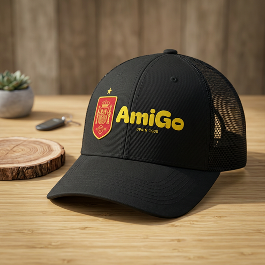 Amigo Spain Crest Trucker Cap — Yellow Logo Mesh Baseball Hat