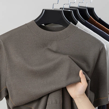 2026 Spring/Summer New Men's Short Sleeved 100% Wool T-Shirt Sweater O-neck Solid Color Loose Knit Pullover Business Casual Tops 0
