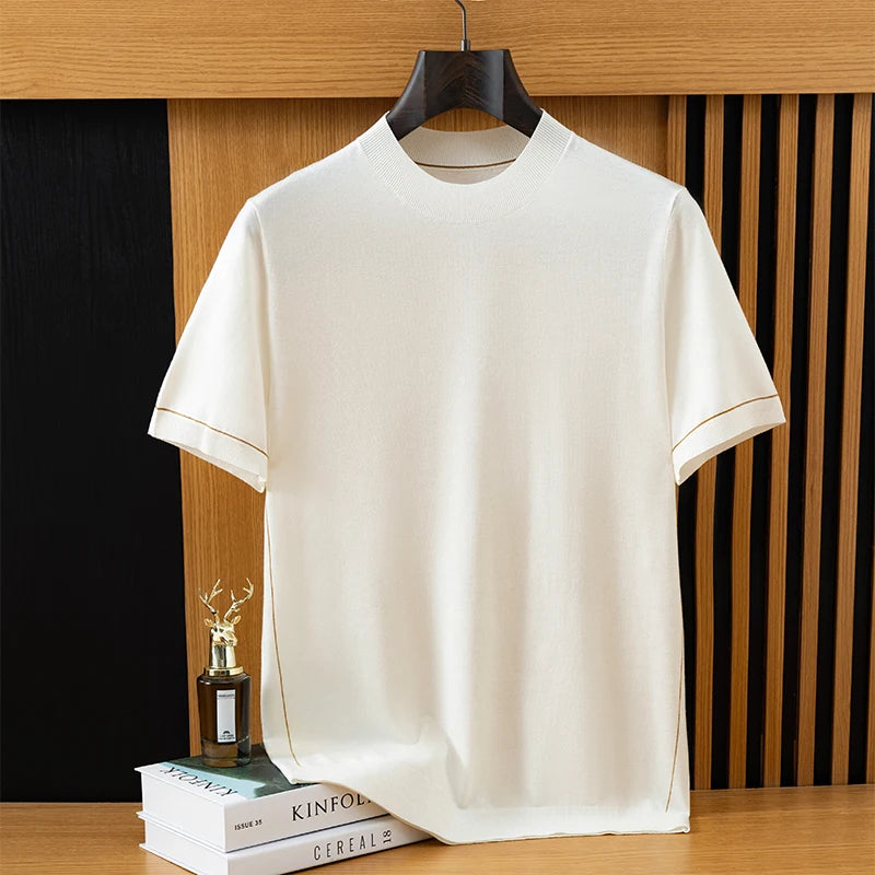 2026 Spring/Summer New Men's Short Sleeved 100% Wool T-Shirt Sweater O-neck Solid Color Loose Knit Pullover Business Casual Tops 1