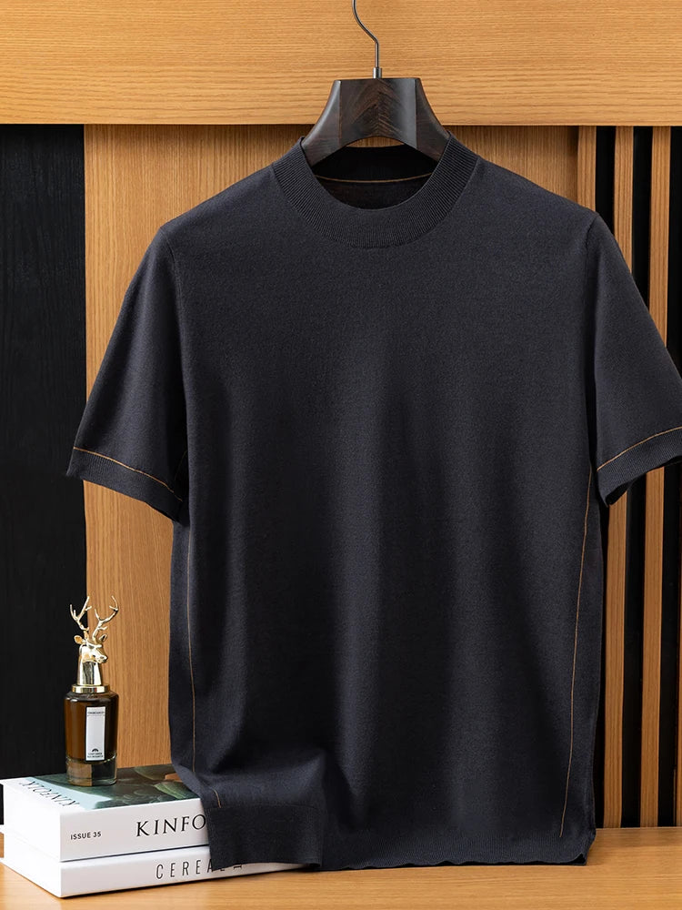 2026 Spring/Summer New Men's Short Sleeved 100% Wool T-Shirt Sweater O-neck Solid Color Loose Knit Pullover Business Casual Tops 10