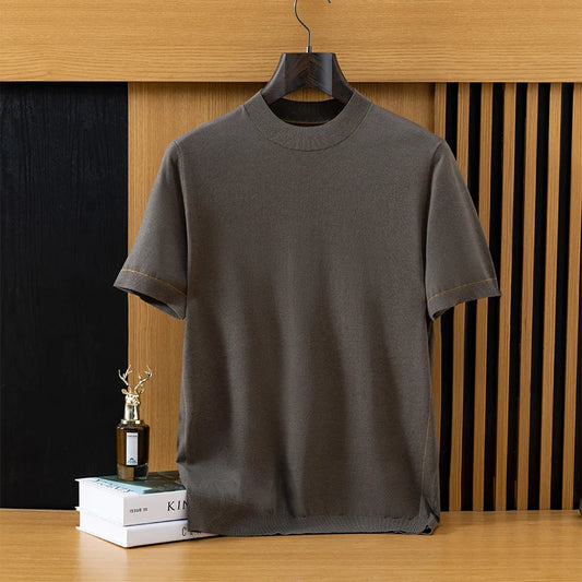 2026 Spring/Summer New Men's Short Sleeved 100% Wool T-Shirt Sweater O-neck Solid Color Loose Knit Pullover Business Casual Tops 2