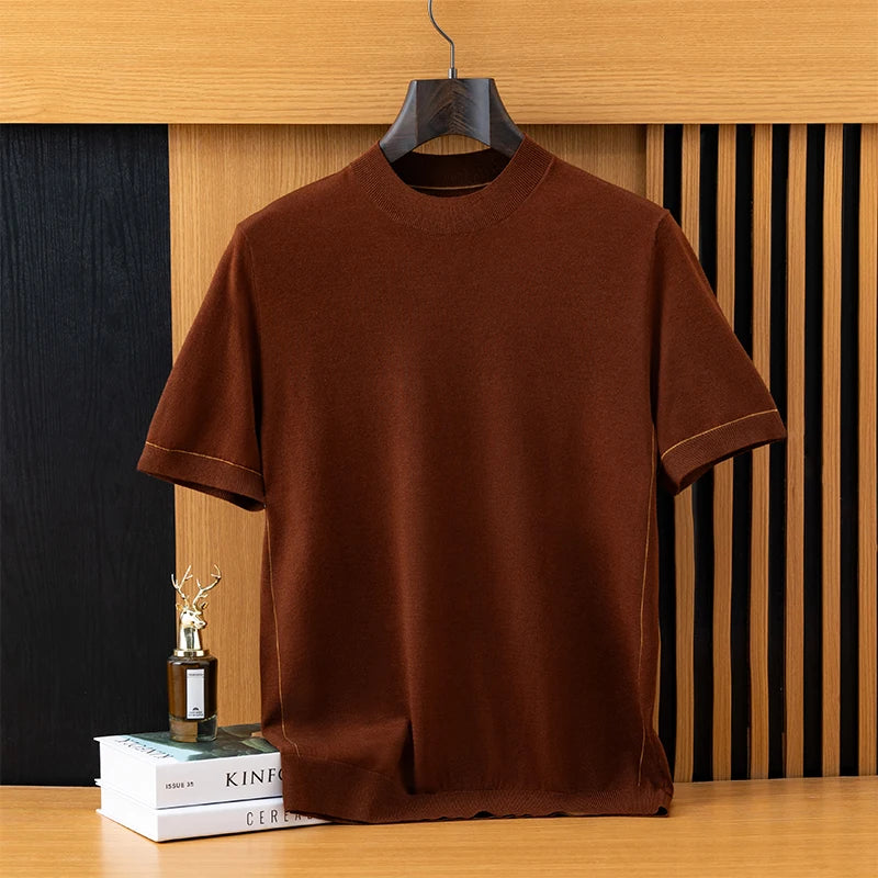2026 Spring/Summer New Men's Short Sleeved 100% Wool T-Shirt Sweater O-neck Solid Color Loose Knit Pullover Business Casual Tops 3