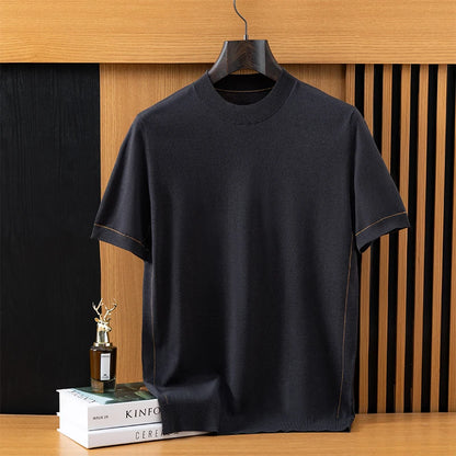 2026 Spring/Summer New Men's Short Sleeved 100% Wool T-Shirt Sweater O-neck Solid Color Loose Knit Pullover Business Casual Tops 4