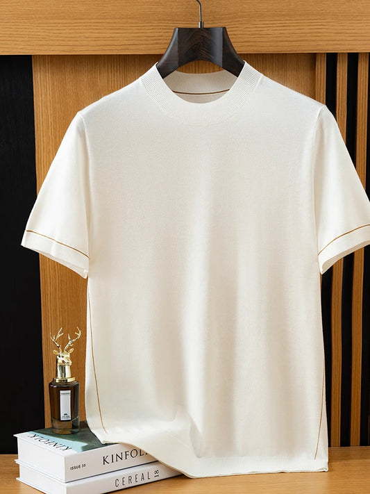 2026 Spring/Summer New Men's Short Sleeved 100% Wool T-Shirt Sweater O-neck Solid Color Loose Knit Pullover Business Casual Tops 6