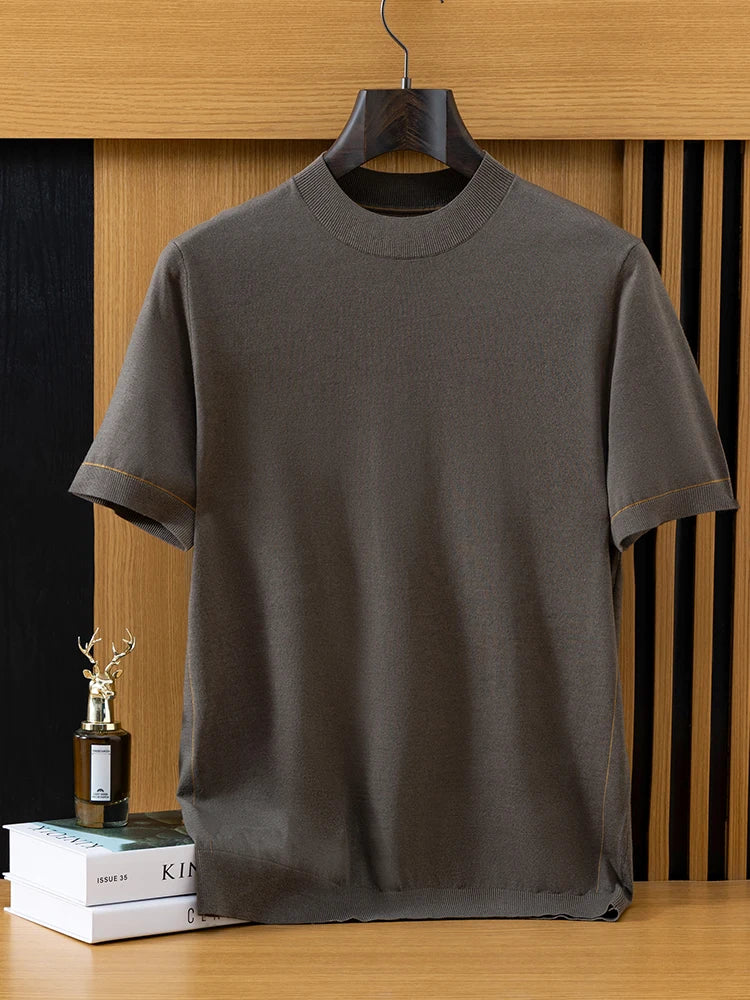 2026 Spring/Summer New Men's Short Sleeved 100% Wool T-Shirt Sweater O-neck Solid Color Loose Knit Pullover Business Casual Tops 7