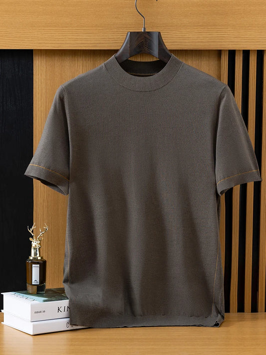 2026 Spring/Summer New Men's Short Sleeved 100% Wool T-Shirt Sweater O-neck Solid Color Loose Knit Pullover Business Casual Tops 7
