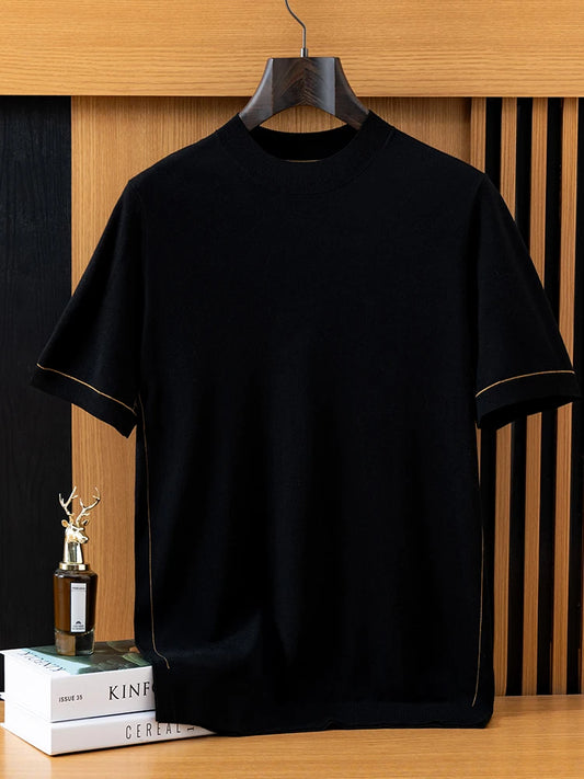 2026 Spring/Summer New Men's Short Sleeved 100% Wool T-Shirt Sweater O-neck Solid Color Loose Knit Pullover Business Casual Tops 8