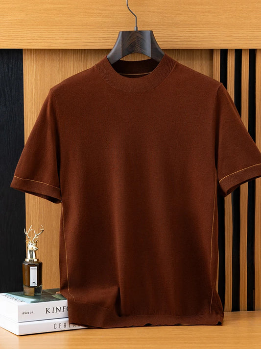 2026 Spring/Summer New Men's Short Sleeved 100% Wool T-Shirt Sweater O-neck Solid Color Loose Knit Pullover Business Casual Tops 9