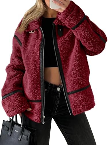 Women's Faux Fur Sherpa Jacket - Trendy Moto Leather Patchwork Winter Coat