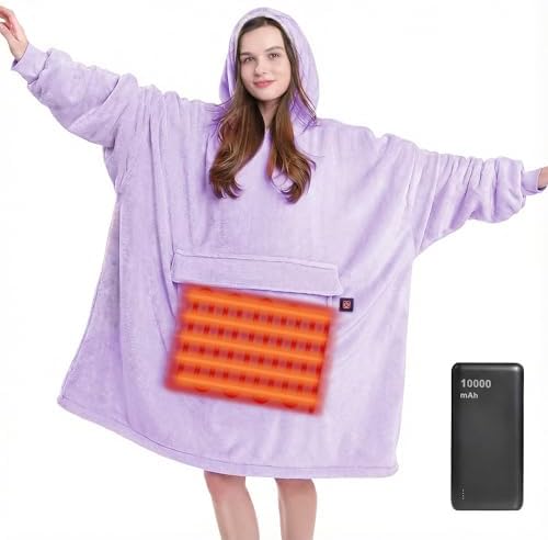 MAXEVE Heated Blanket Hoodie with 10000mAh Battery Pack – Oversized Sherpa Wearable Blanket Sweatshirt for Women & Men, Black, Warm & Soft Adult Hoodie