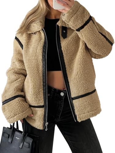 Women's Faux Fur Sherpa Jacket - Trendy Moto Leather Patchwork Winter Coat