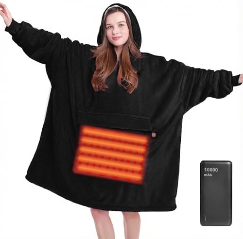 MAXEVE Heated Blanket Hoodie with 10000mAh Battery Pack – Oversized Sherpa Wearable Blanket Sweatshirt for Women & Men, Black, Warm & Soft Adult Hoodie