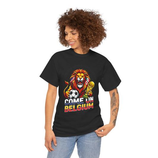 Belgium Soccer Fan Tee — “Come On Belgium” World Cup Lion Design