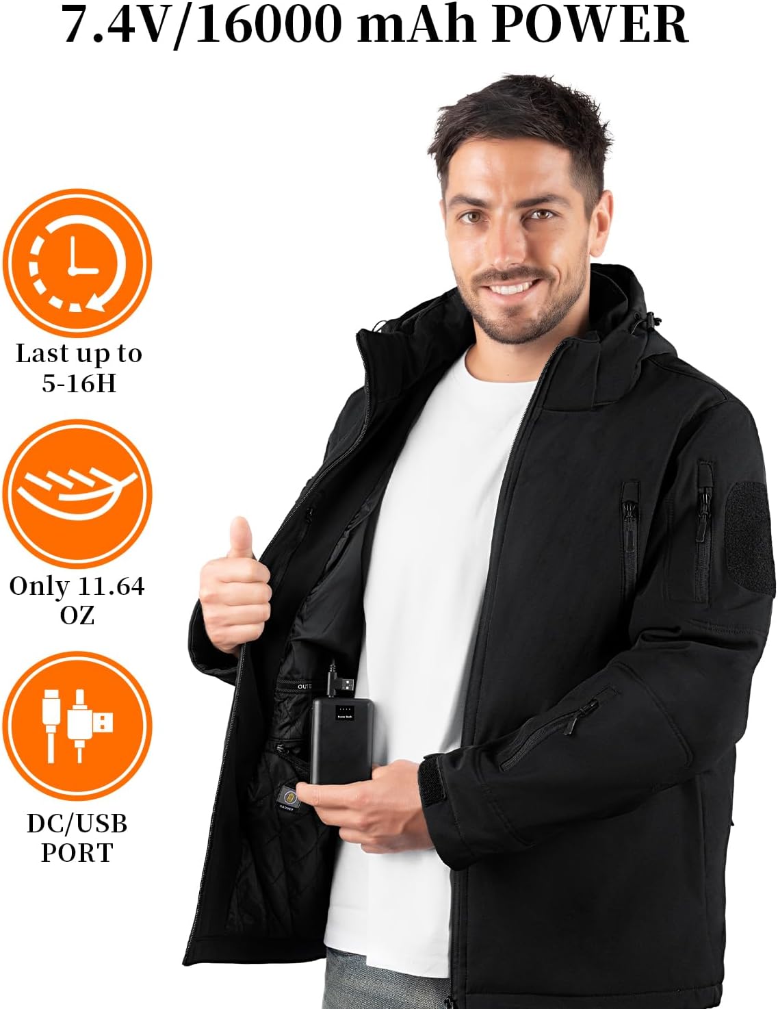 Men's Heated Winter Jacket - Soft Shell Coat with Electric Heating and Detachable Hood for Outdoor Adventures