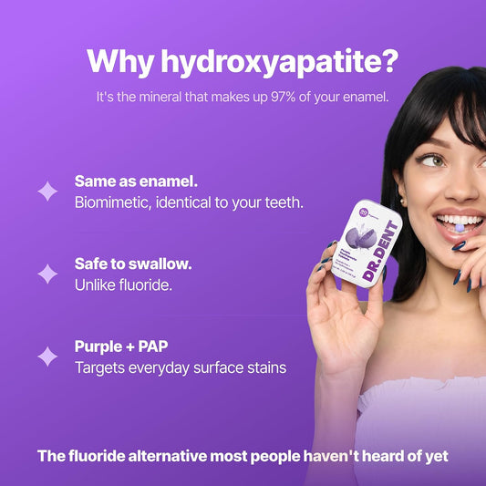 DR.DENT Purple Toothpaste Tablets with Hydroxyapatite & PAP | Fluoride-Free, SLS-Free, Vegan | Purple Tone-Correcting Formula | 90 Chewable Tablets per Tin