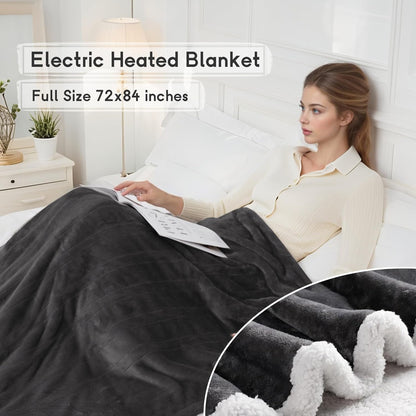 Ultra-Cozy Full-Size Electric Heated Blanket 72 x 84 in — Soft Flannel, Auto-Off (1–10 hrs), 6 Heat Settings, Machine Washable, Dark Grey