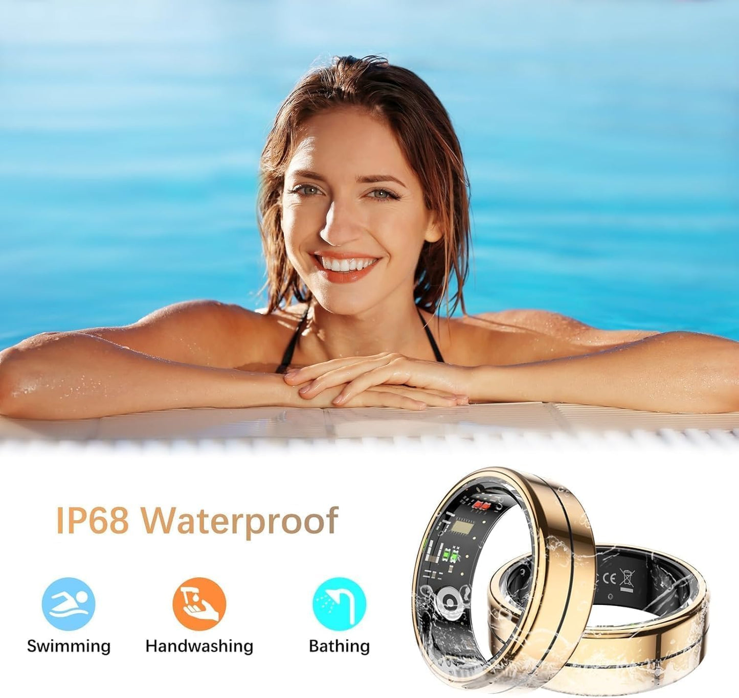 Fit Ring Health Tracker for Women & Men — Heart Rate, Blood Oxygen, HRV, Stress & Sleep Monitoring, Step Counter, Smart Ring for iPhone & Android, No Subscription Fee, Gold (Size 13)