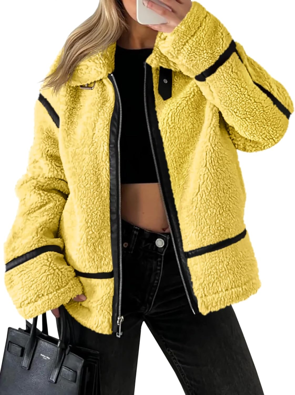 Women's Faux Fur Sherpa Jacket - Trendy Moto Leather Patchwork Winter Coat