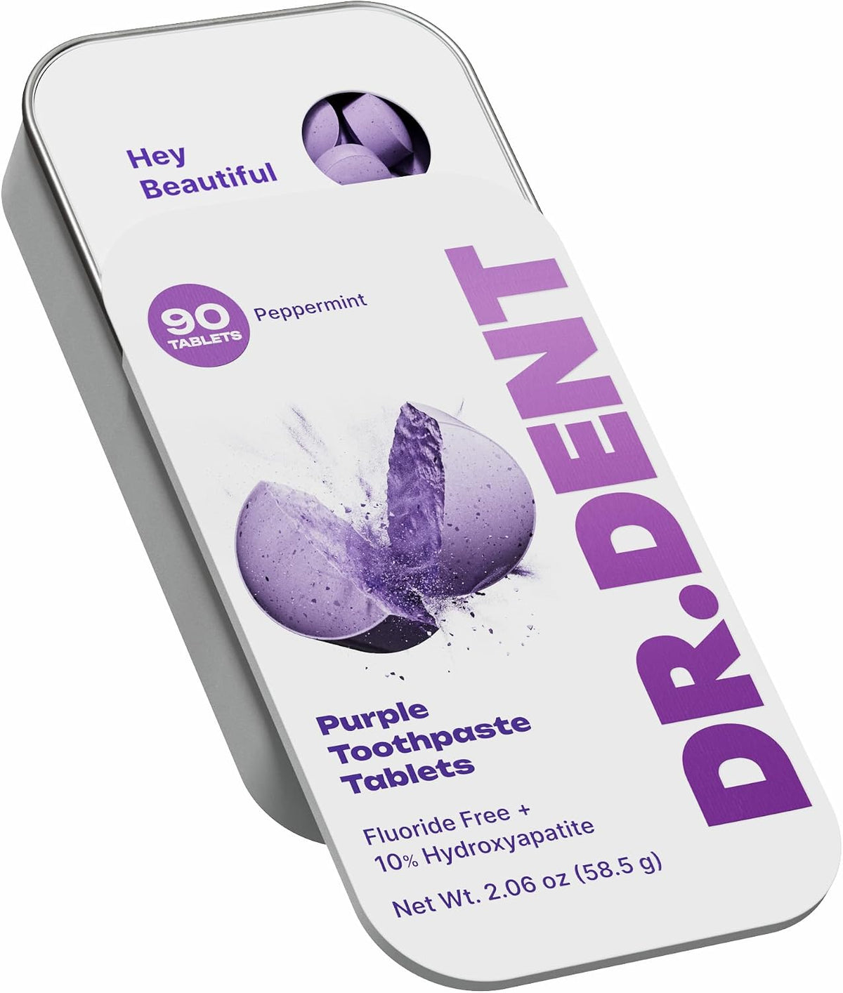 DR.DENT Purple Toothpaste Tablets with Hydroxyapatite & PAP | Fluoride-Free, SLS-Free, Vegan | Purple Tone-Correcting Formula | 90 Chewable Tablets per Tin