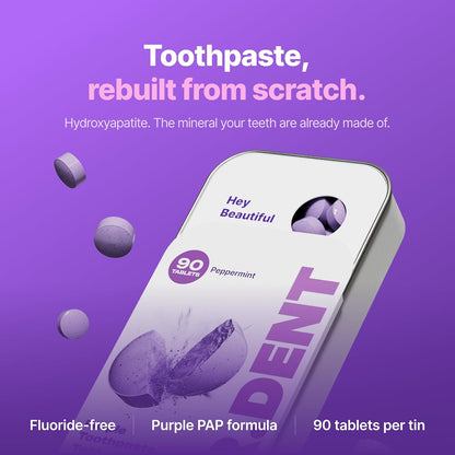 DR.DENT Purple Toothpaste Tablets with Hydroxyapatite & PAP | Fluoride-Free, SLS-Free, Vegan | Purple Tone-Correcting Formula | 90 Chewable Tablets per Tin