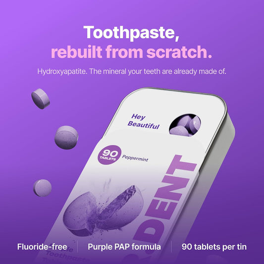 DR.DENT Purple Toothpaste Tablets with Hydroxyapatite & PAP | Fluoride-Free, SLS-Free, Vegan | Purple Tone-Correcting Formula | 90 Chewable Tablets per Tin
