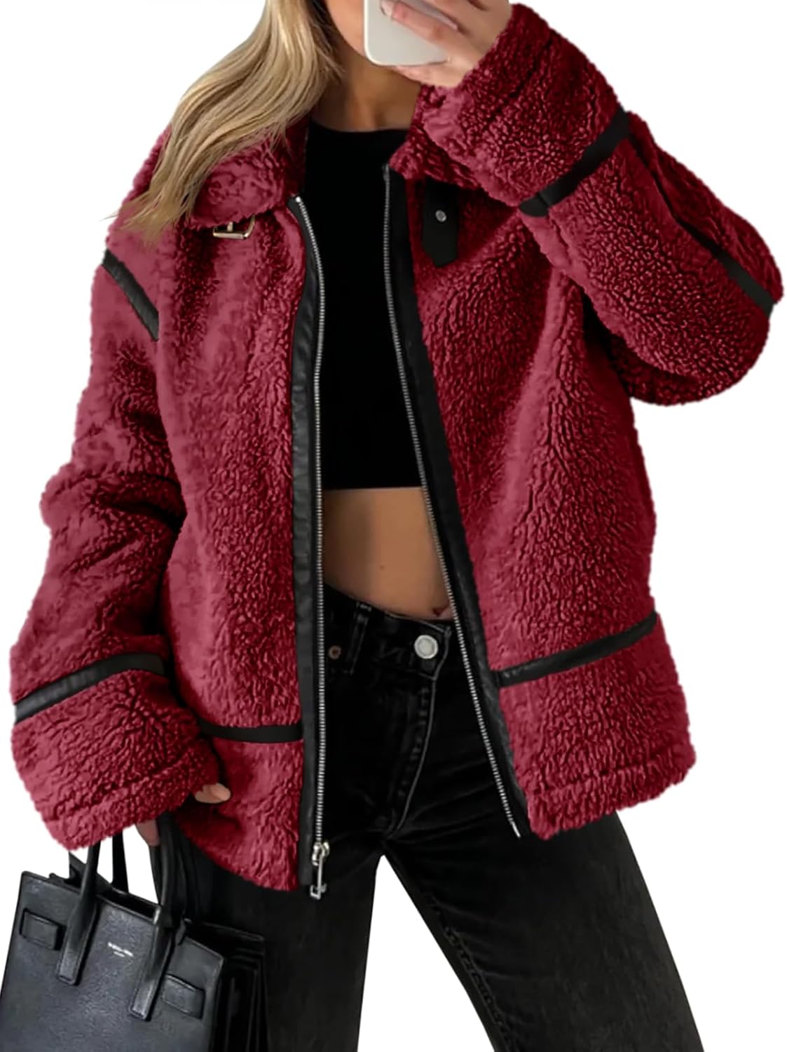 Women's Faux Fur Sherpa Jacket - Trendy Moto Leather Patchwork Winter Coat